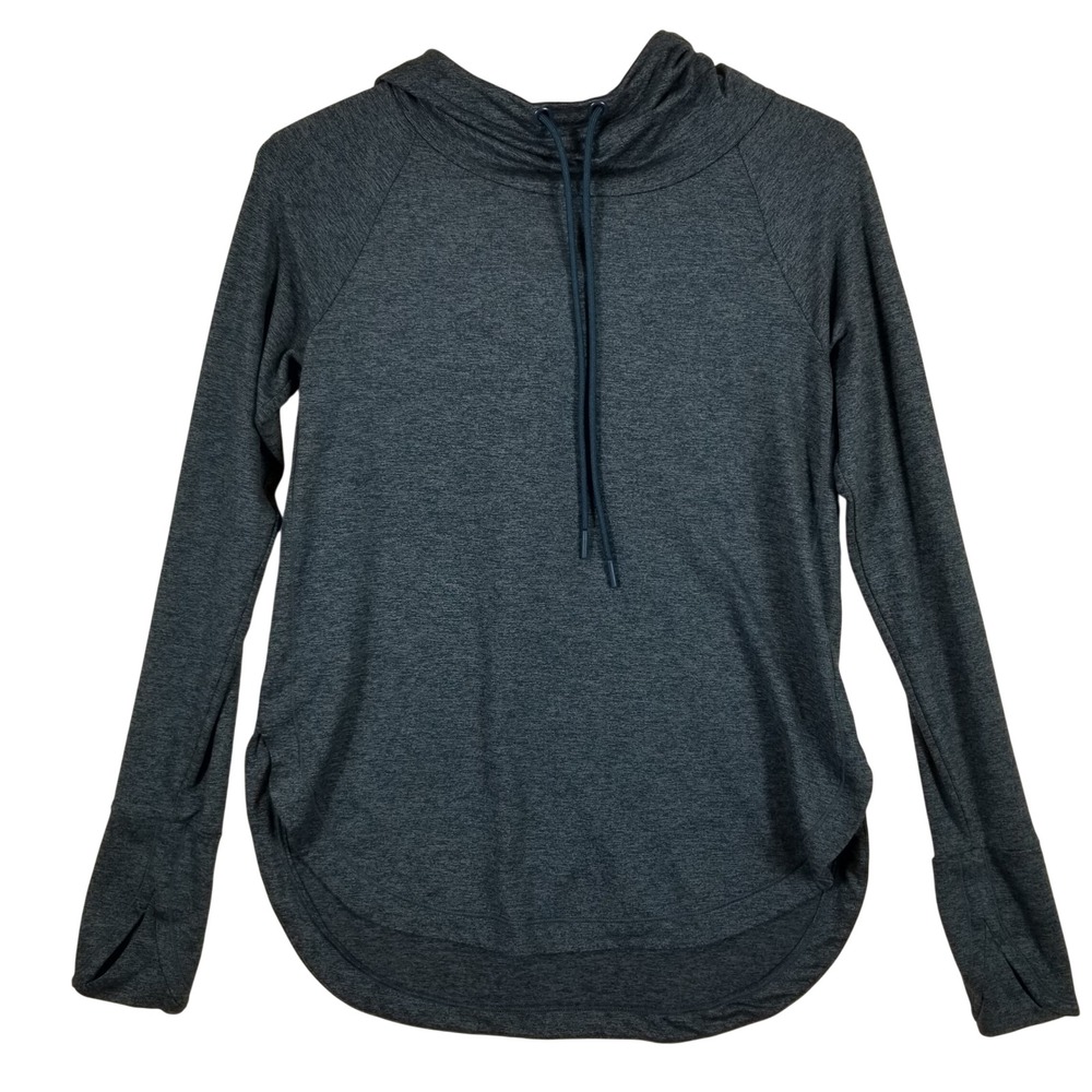 Athleta Womens XS Heathered Green Funnel Neck Hoodie Thumbhole Pullover Top